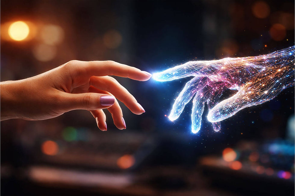 A human hand with purple nails reaches towards a glowing digital hand, set against a blurred background with warm lights, evoking connection.