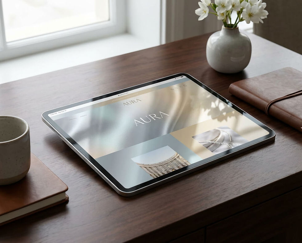 Une tablette est posée sur un bureau en bois affichant un site web de luxe nommé « AURA », à côté d'un carnet en cuir, d'un mug et d'un petit vase de fleurs blanches.
