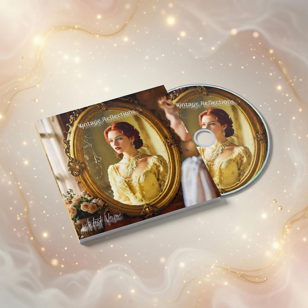 CD single mockup cover titled "Vintage Reflections" shows a woman in a yellow vintage gown looking into an ornate mirror, surrounded by soft, glowing swirls and sparkles.