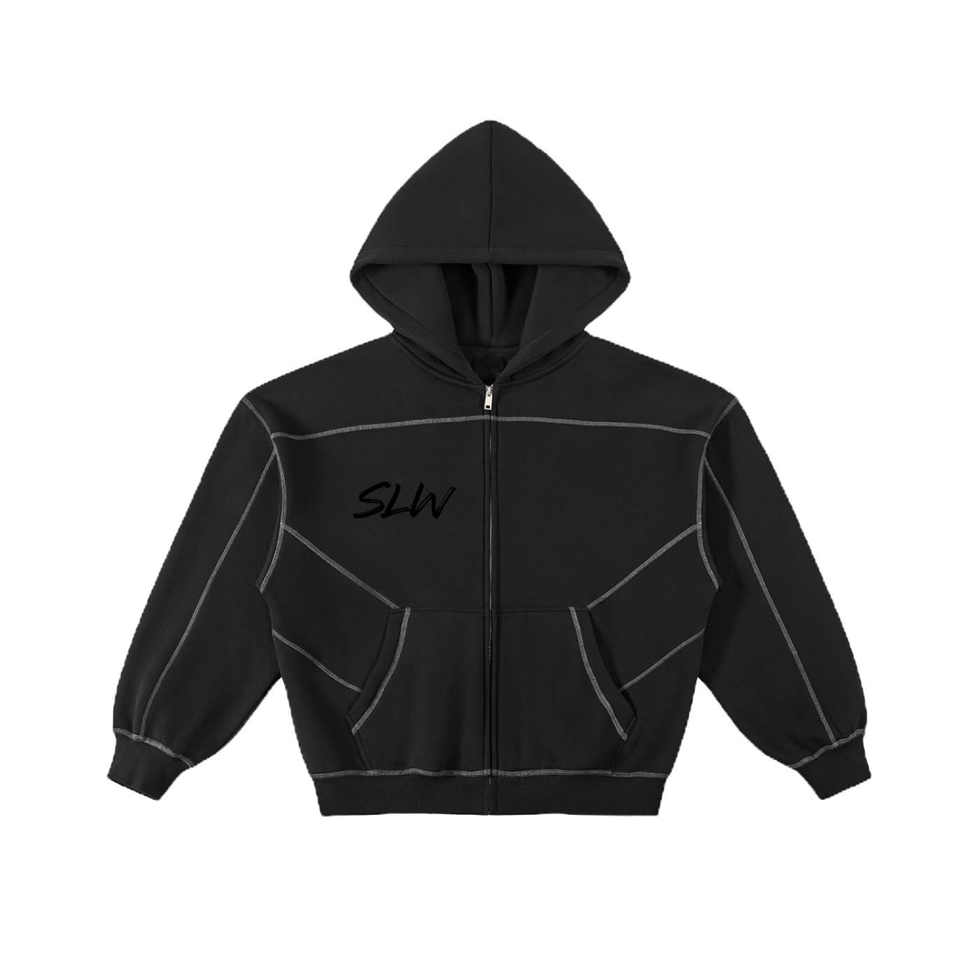 SLW Contrast-Stitched Boxy Fleece Zip Hoodie