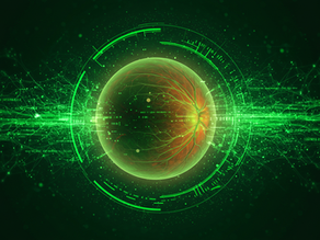 AI-generated impression of a colour fundus photograph in shades of green, showing retinal blood vessels