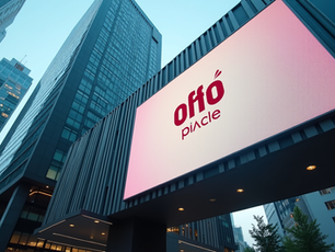 Eye-level view of a modern office building with a large digital billboard displaying a brand logo