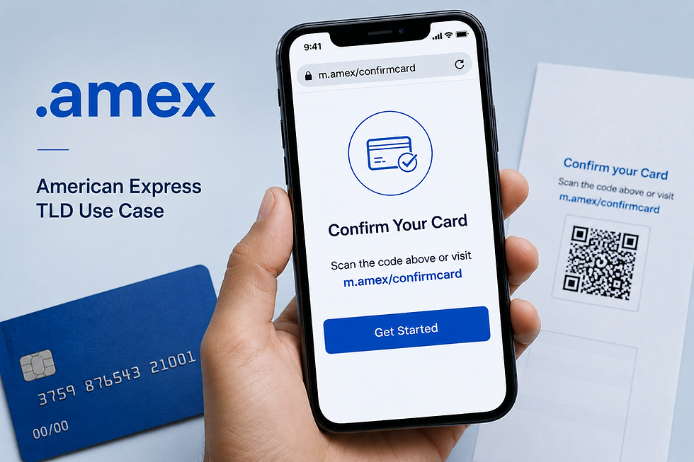 Smartphone displaying the URL m.amex/confirmcard as part of an American Express dotBrand TLD use case example, alongside a QR code mailer and payment card imagery illustrating secure customer engagement through the .amex domain.