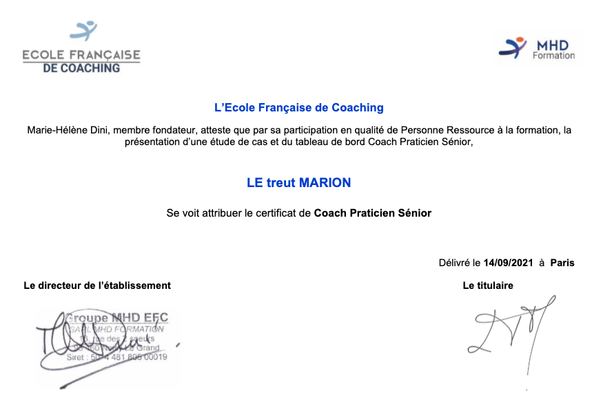 Diplome Master Coach Marion LeTreut