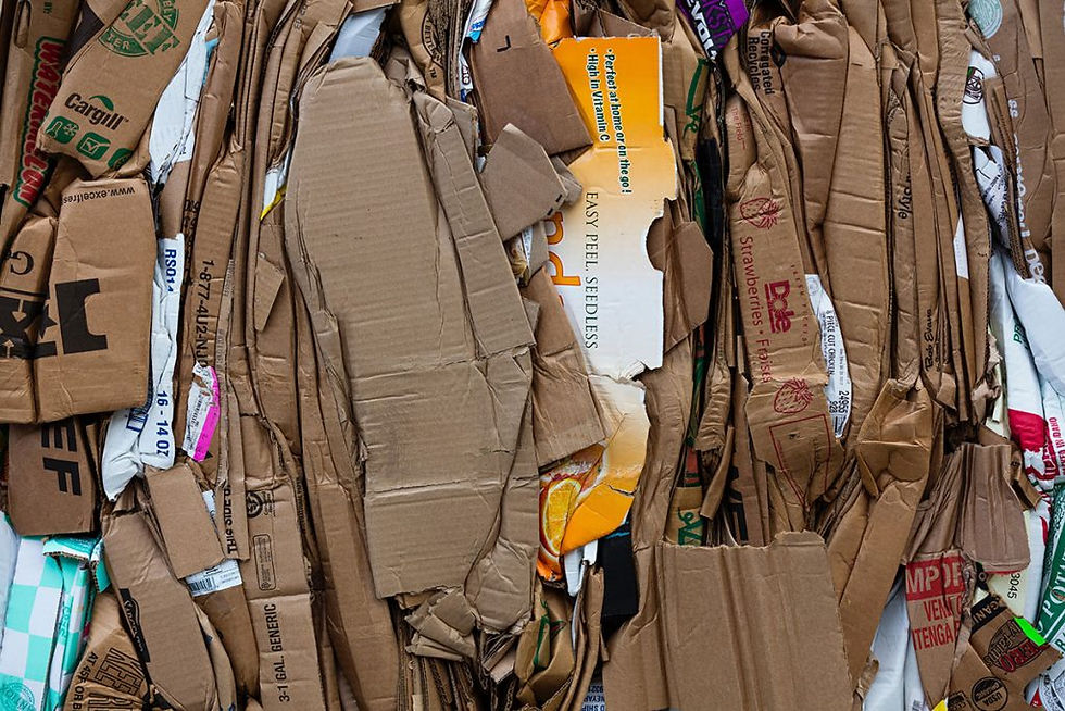 Pilha de papelão prensado em uma cooperativa de reciclagem.