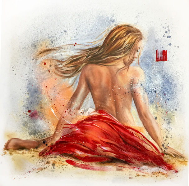 junge Frau mit wehenden haaren und einem roten Handtuch am Strand sitzend, gemalt von anneweigert art, portrait, kunst