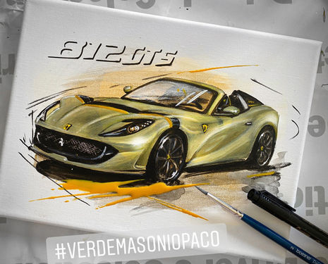 ein ferrari 812 gts gemalt auf leinwand in der farbe verdemasoniopaco, ferrari-Wandbild, anne weigert art