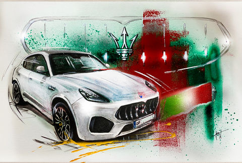 gemalter weisser Maserati Grecale auf hellem Hintergrund mit italienischer Flagge Maserati-Frontgrill und Maserati-Logo