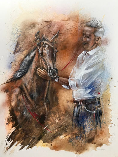 braunes junges Pferd fohlen mit Reiter auf braunem Hintergrund mit Acryl gemalt auf leinwand 