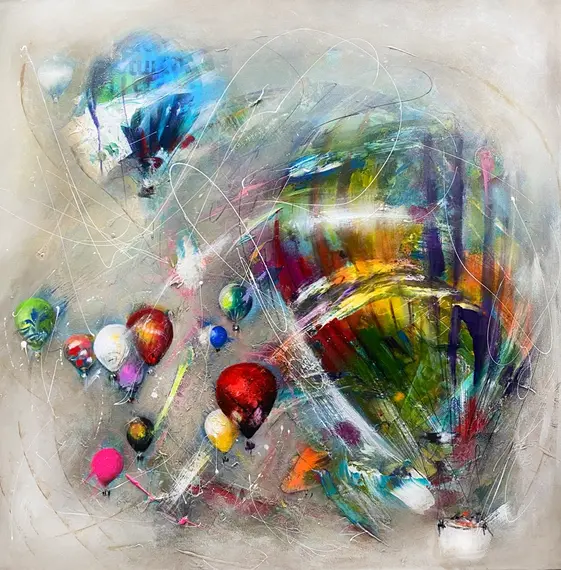 bunte Heißluftballons schweben durch die Luft, wandkunst gemalt auf Leinwand, anne weigert art 