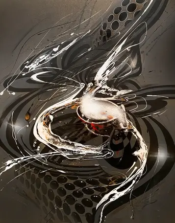 schwarz-weiße fliessende Farben zerlaufen auf einem dunklen hintergrund, gemalt von anneweigert art , abstraktes wandgemälde, farben und Titel wie Espresso Martini 