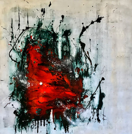auf hellem Hintergrund ein rot-grüner abstrakter Farbverlauf wie flüssige farbe aussehend fluid-bilder pouring medium pouring techniken flow-motive handgemachte Kunst auf leinwand acrylbilder selbstgemacht moderne abstrakte Wandbilder abstrakte Kunst für den Kunstfan für Wohnzimmerwand
