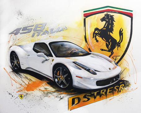 gemalter weißer F 458 Ferrari auf hellem Hintergrund Ferrarikunst Ferrariart gemalter Ferrari in Acryl OEM Ferrariwandbild Emblem painting modern car art commission work