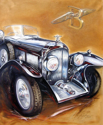 Oldtimer Bentley gemalt auf braunem Hintergrund Seitenansicht leicht schräg viel Chrom Lackglanz bentleylogo im Hintergrund 
gemalt von Ann weigert art 