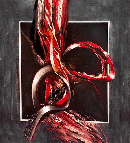 fliessende rot weiße farben abstrakt gemalt in einem gemalten grauen rahmen, Anne weigert art, abstrakte wandkunst 