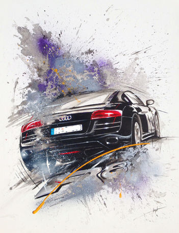 schwarzer Audi R8 Audi gemalt auf hellem Hintergrund auf Leinwand I Anne weigert art I cardrawing I carart commisioned art Auftragsmalerei 