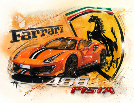 oranger 488 Pista Ferrari auf hellem Hintergrund mit ferrariemblem gemalt Wandbild Kunst Ferrari art Ferrari gemalt Ferrari vierhundertachtundachtzig pista Schriftzug  in Acryl gemalt Ferrariwappen OEM Ferrari Emblem painting modern car art commission work Auftragsmalerei