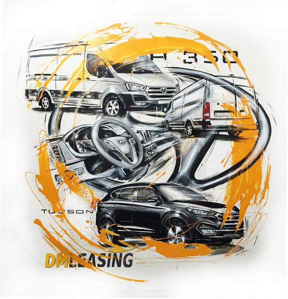 Hyundai Transporter und Hyundai Tucson SUV auf hellem Hintergrund mit Lenkrad und Hyundai Interieur I Auftragsarbeit Wandbild von anne weigert art I carart 