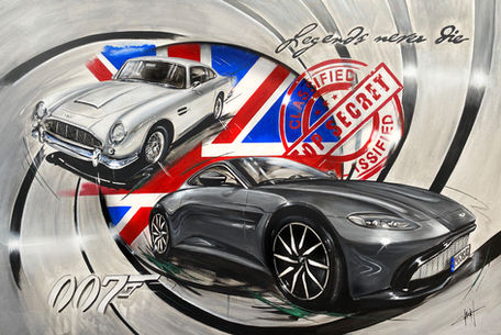 moderner silberner Aston Martin Vantage zusammen mit einem D fünf Oldtimer Aston Martin I  James Bond Fahrzeug auf Leinwand gemalt Acrylpainting cardrawing commissioned art Auftragsmalerei gemalt auf Edelstahl  I anne weigert art 