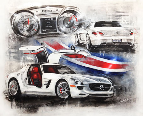 weißer Mercedes sls mit flagge von costa rica und cockpit gemalt in acryl auf hellem Hintergrund Leinwandbild Mercedes sls von vorn dargestellt und von hinten 