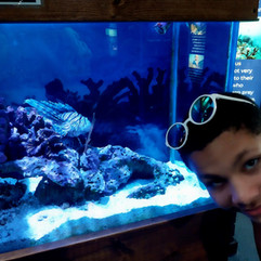 A teen smiling in front of aquarium at John Pennekamp Coral Reef State Park