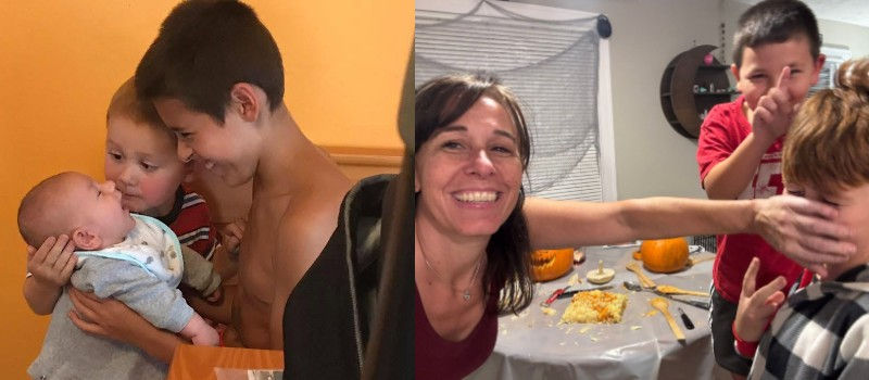 Side by side photos; smiling Melissa reaches toward a child at a birthday table with pumpkins.On the left, is a photo of Jacob holding his new sibling as a young boy.