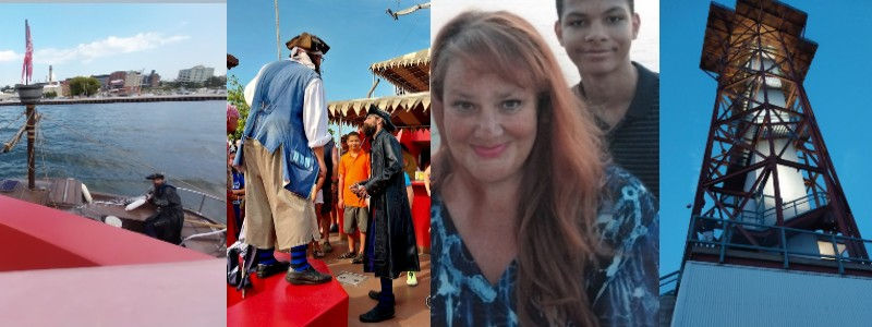 Four-photo collage: 2 of the pirate cruise, one of Zion & me on the pier, and Zion on the first floor of the Bi-centennial Tower.