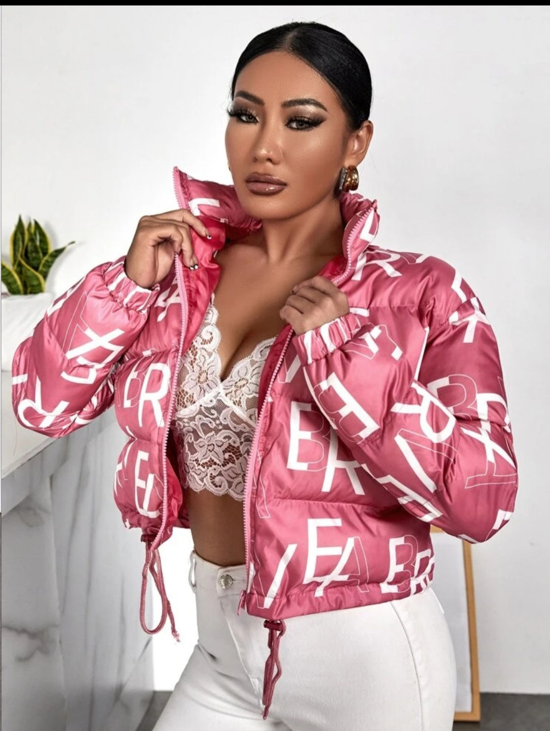 Pink and white crop puffer coat