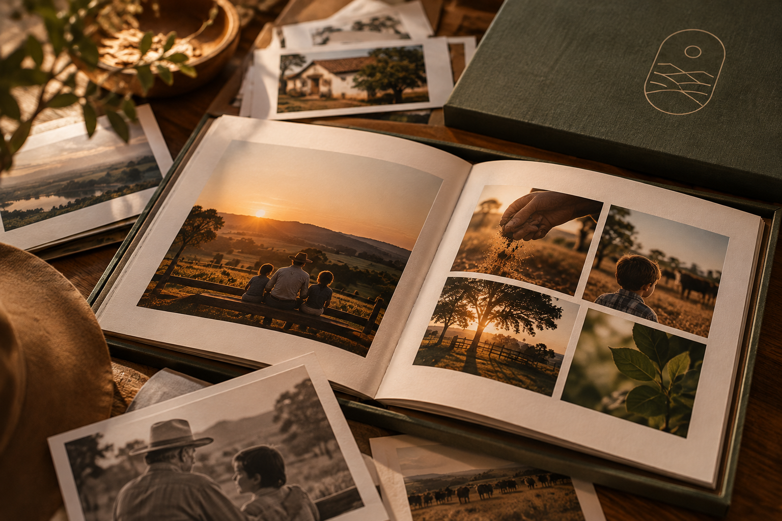 Álbum aberto e fotografias impressas de família, paisagens e detalhes do campo. Composição ilustrativa.
