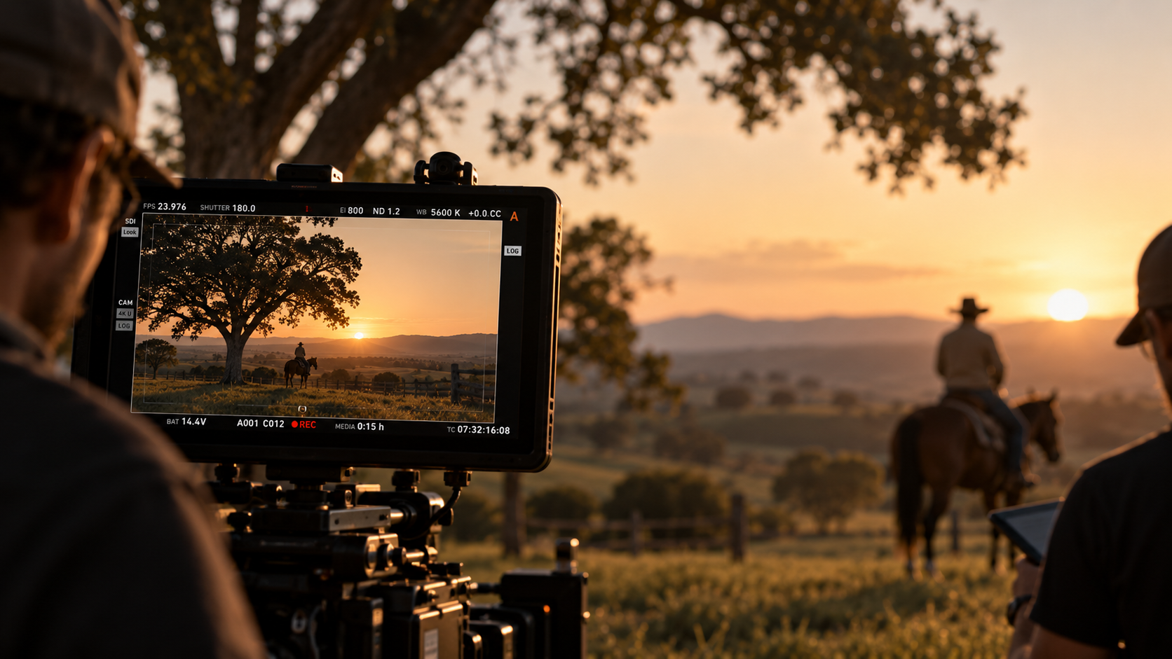 Imagem ilustrativa dos bastidores de uma filmagem no campo, com câmera e monitor acompanhando a cena ao pôr do sol.