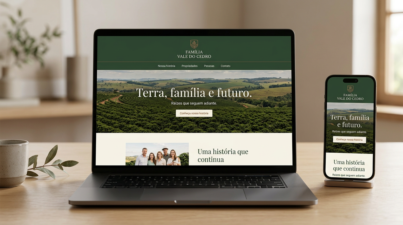 Mockup ilustrativo do site da família fictícia Vale do Cedro, apresentado em notebook e celular.