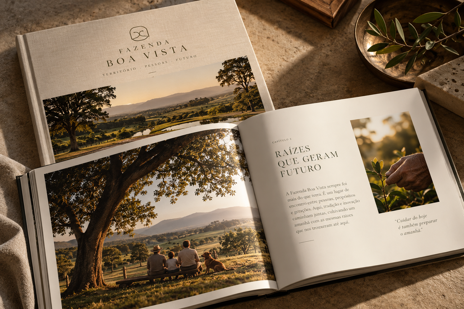 Estudo ilustrativo de livro da Fazenda Boa Vista, com capa em tecido e páginas abertas com fotografias e narrativa familiar.