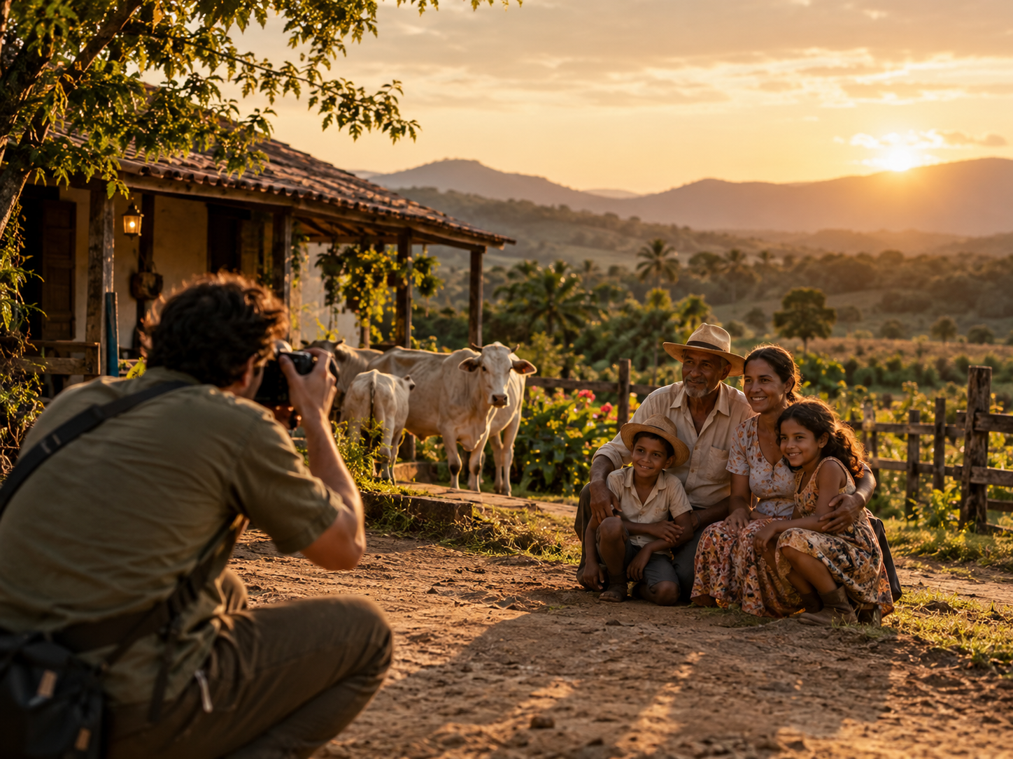 Fotógrafo registrando a família na propriedade rural. Imagem ilustrativa da etapa de registro.