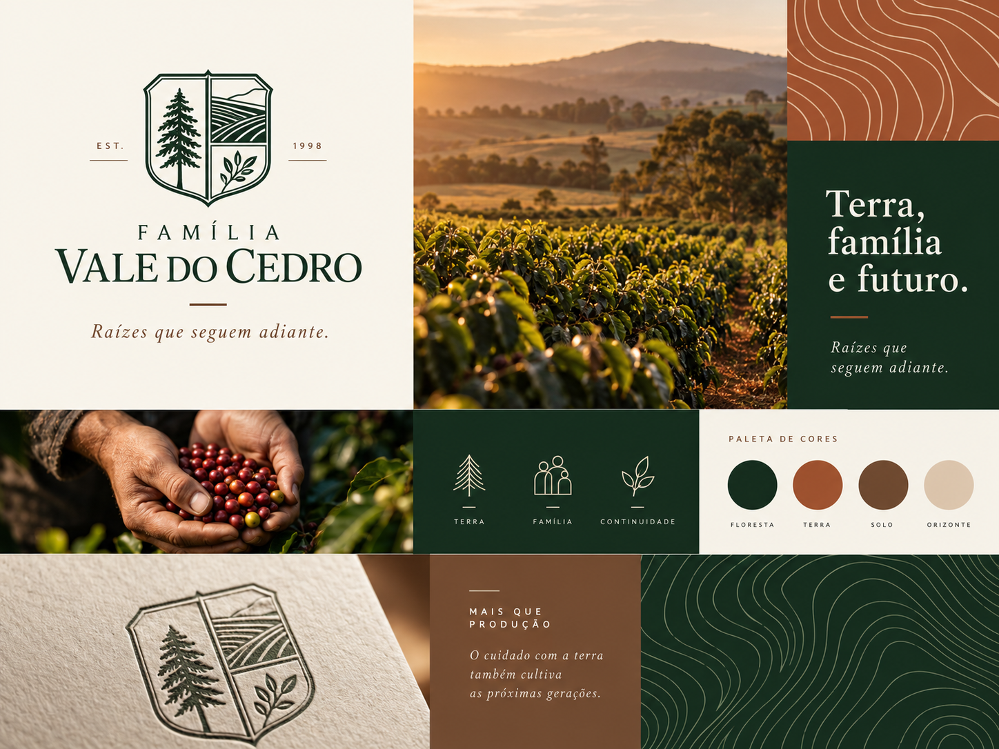 Painel ilustrativo da marca fictícia Família Vale do Cedro, com brasão, cores, grafismos e aplicações.