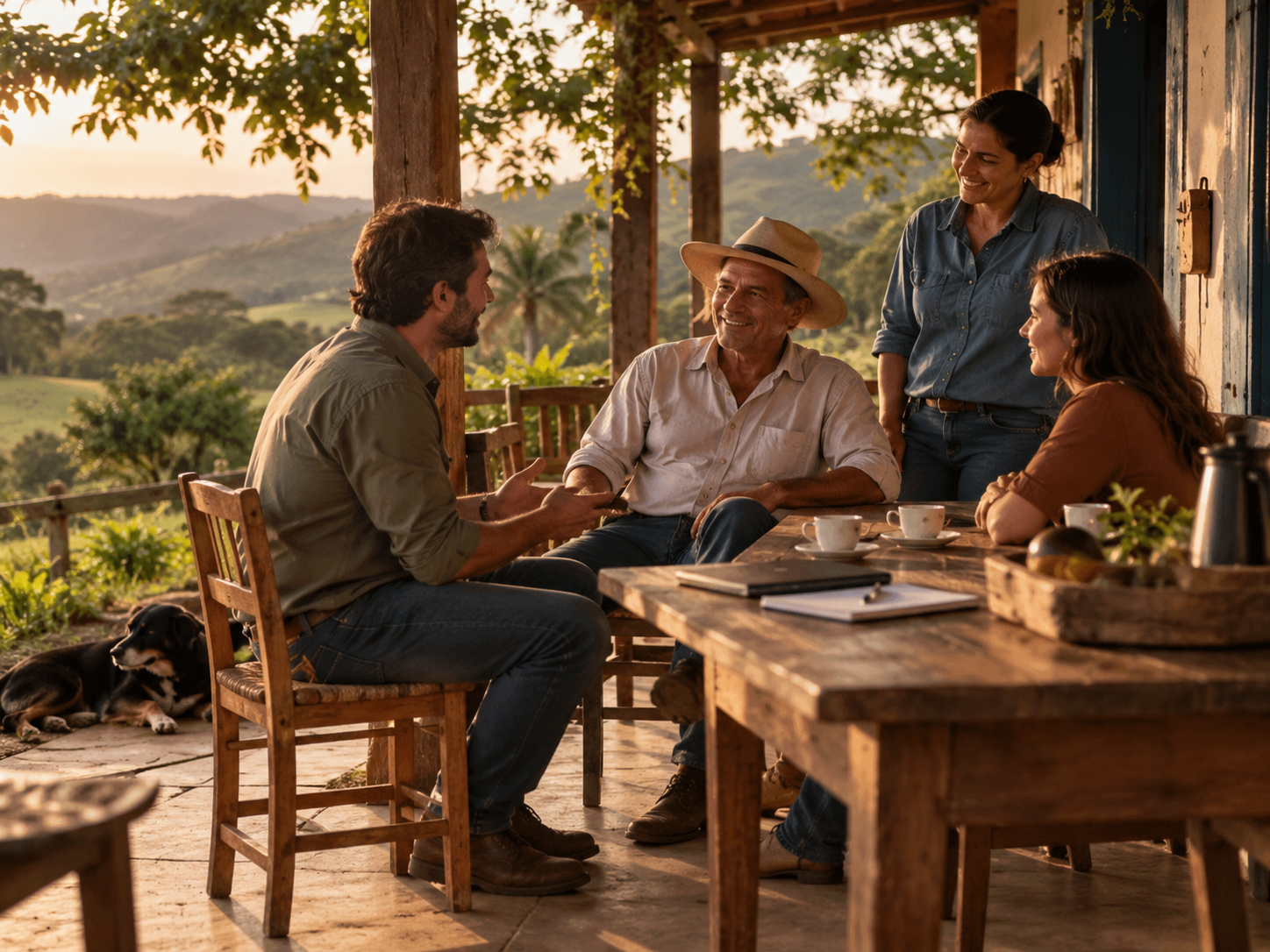 Conversa descontraída com a família na varanda da fazenda. Imagem ilustrativa da etapa de escuta.