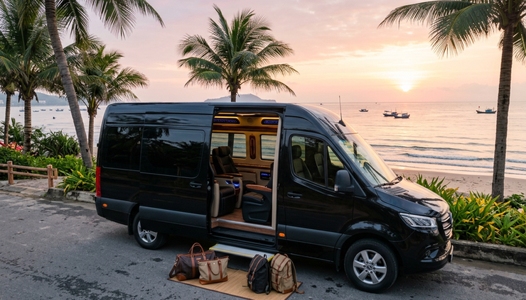 Wide-angle view of a luxury limousine van parked near Cửa Lò beach at sunrise