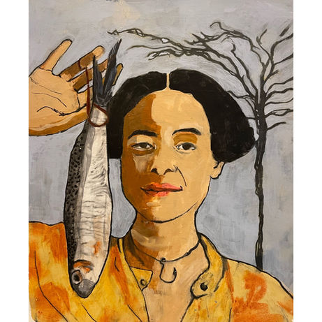 A woman holds a dead fish by the tail in her right hand.  There is a dead tree over her left shoulder.  She is wearing a fish hook for a necklace.