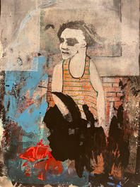 Image of a white woman in an orange tank top standing in front of a brick building with an abstract black shape in front of her.