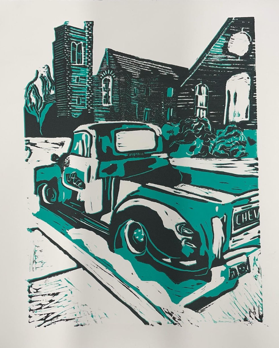 a 1950s truck is parked on a street. There is a church in the background. The image is stylized and printed in teal and black.