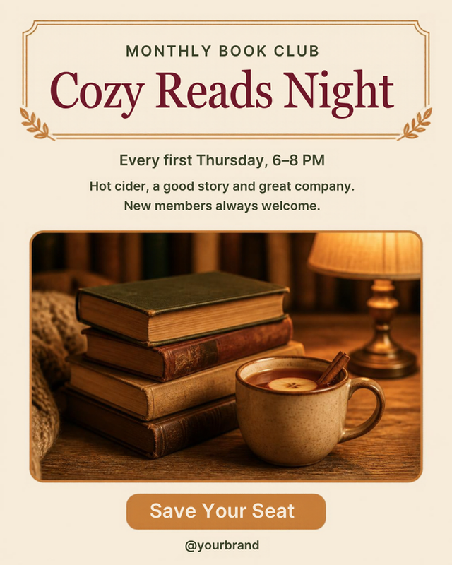Cozy Reads Night - Vintage Bookstore Book Club Promo template preview