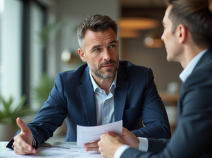 A private money broker explaining investment lending strategies to a borrower.