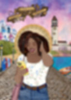 A dark skinned woman walking on a cobblestone street while texting.