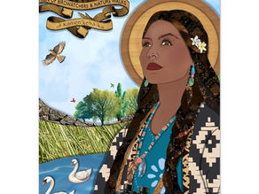 Native American Saint with binoculars and birds.