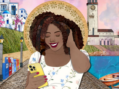 A dark skinned woman walking on a cobblestone street while texting. 