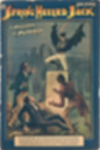 Spring-Heeled Jack in a graveyard, arms raised, terrifies three men below. Dark, eerie atmosphere with gothic lettering: "A Mystery of Mysteries."