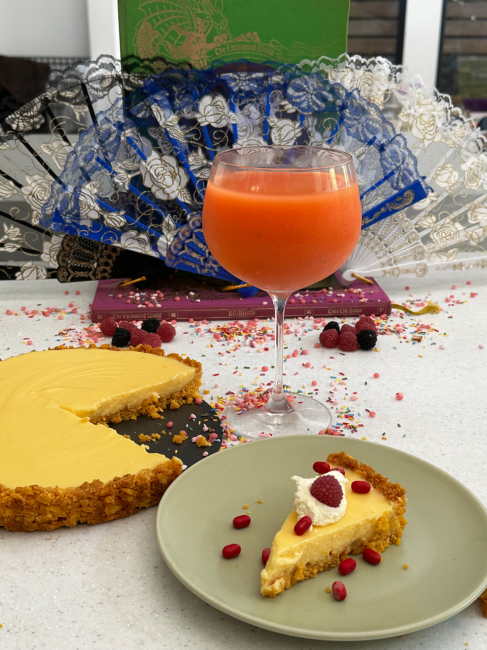Dessert and an orange drink.