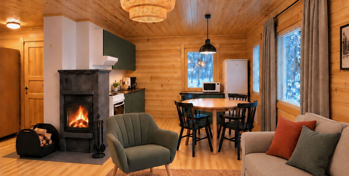 Cozy living room with a fireplace at Hilla Lodge in Lapland