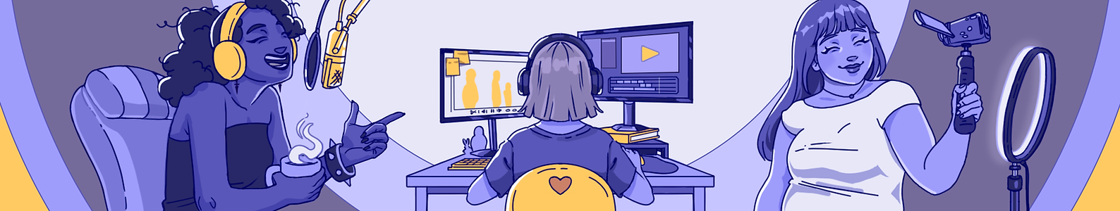 A cartoon of three women editing YouTube videos