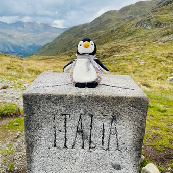 Otto, der Pinguin, sitzt auf einem Grenzstein zwischen Österreich und Italien