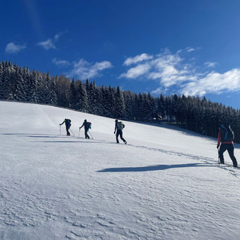 Vier Skitourengeher steigen bei wunderschönem Wetter und blauem Himmel im Schnee auf.